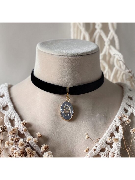 Black Velvet Choker Labradorite Pendant Planet Design Celestial Necklace Saturn - Picture 4 of 6